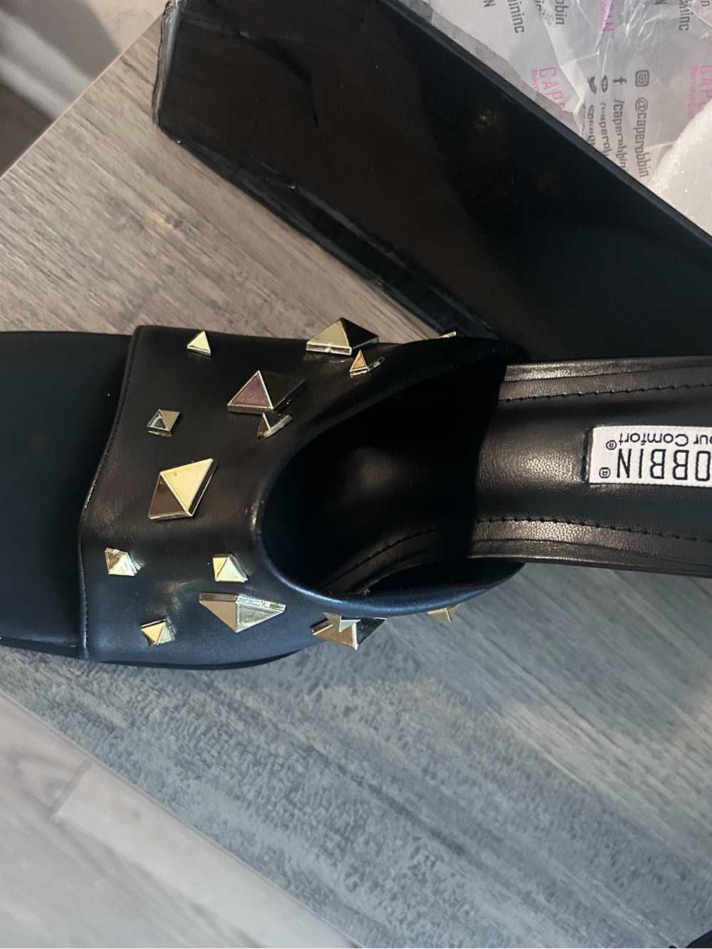 Cape Robbin Black Slide Mules with Gold Pyramid Studs